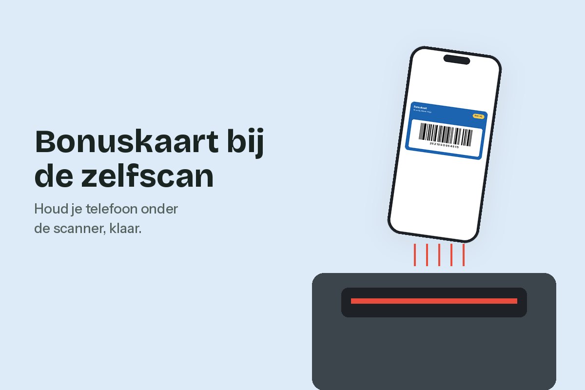 Telefoon met bonuskaart barcode boven de scanner van een zelfscankassa